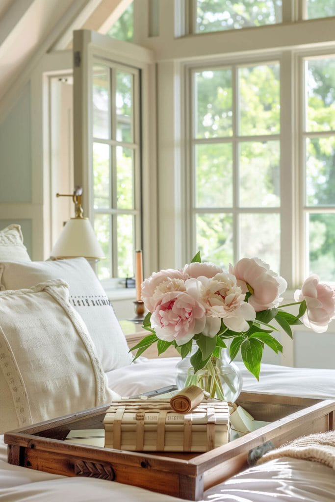 Wooden trays used for organizing and displaying items adding a rustic charm to a bedroom.