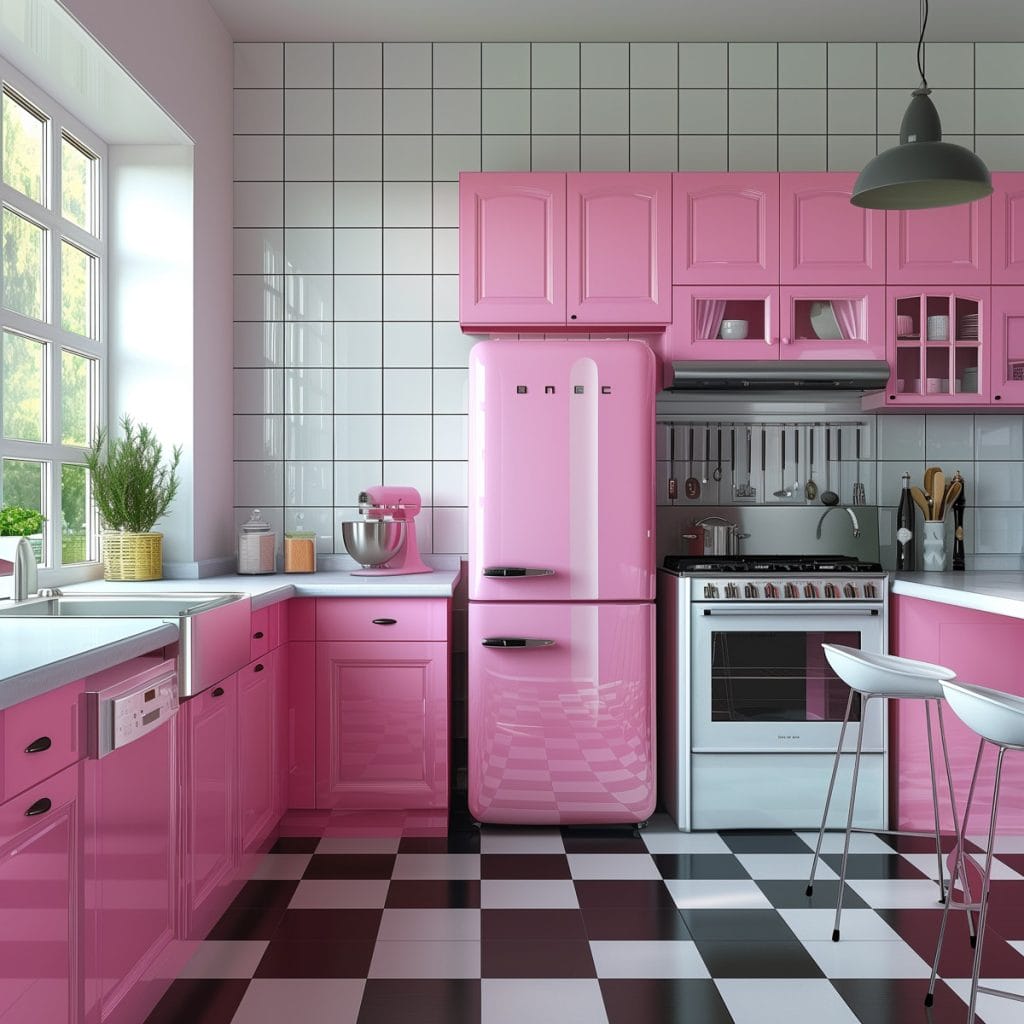 A vibrant bubblegum pink kitchen with white countertops and appliances, accented by chrome hardware. The design features a black-and-white checkered floor, creating a lively and inviting atmosphere.