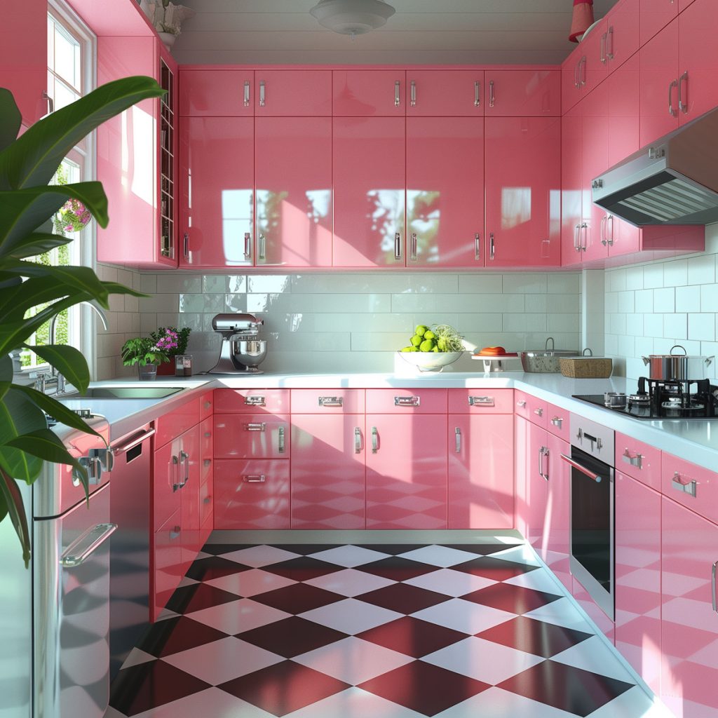 A vibrant bubblegum pink kitchen with white countertops and appliances, accented by chrome hardware. The design features a black-and-white checkered floor, creating a lively and inviting atmosphere.