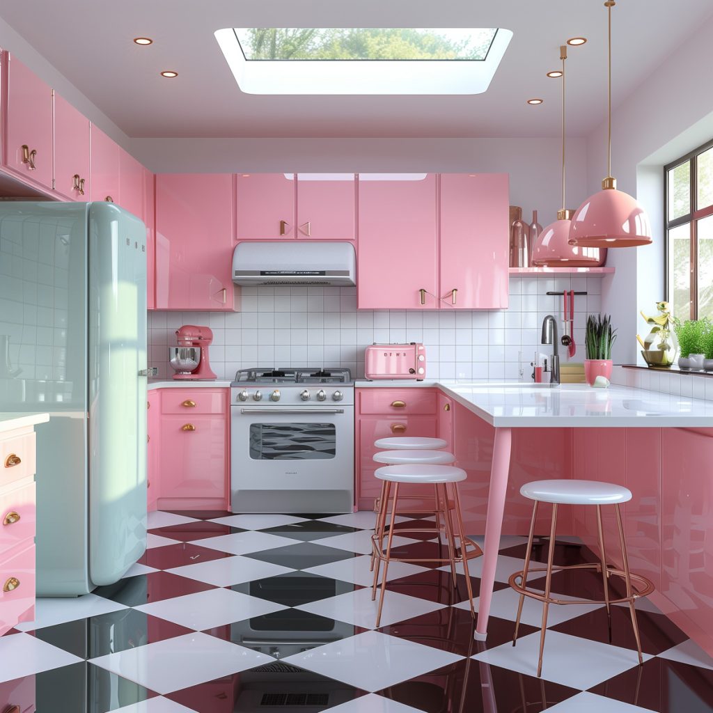 A vibrant bubblegum pink kitchen with white countertops and appliances, accented by chrome hardware. The design features a black-and-white checkered floor, creating a lively and inviting atmosphere.