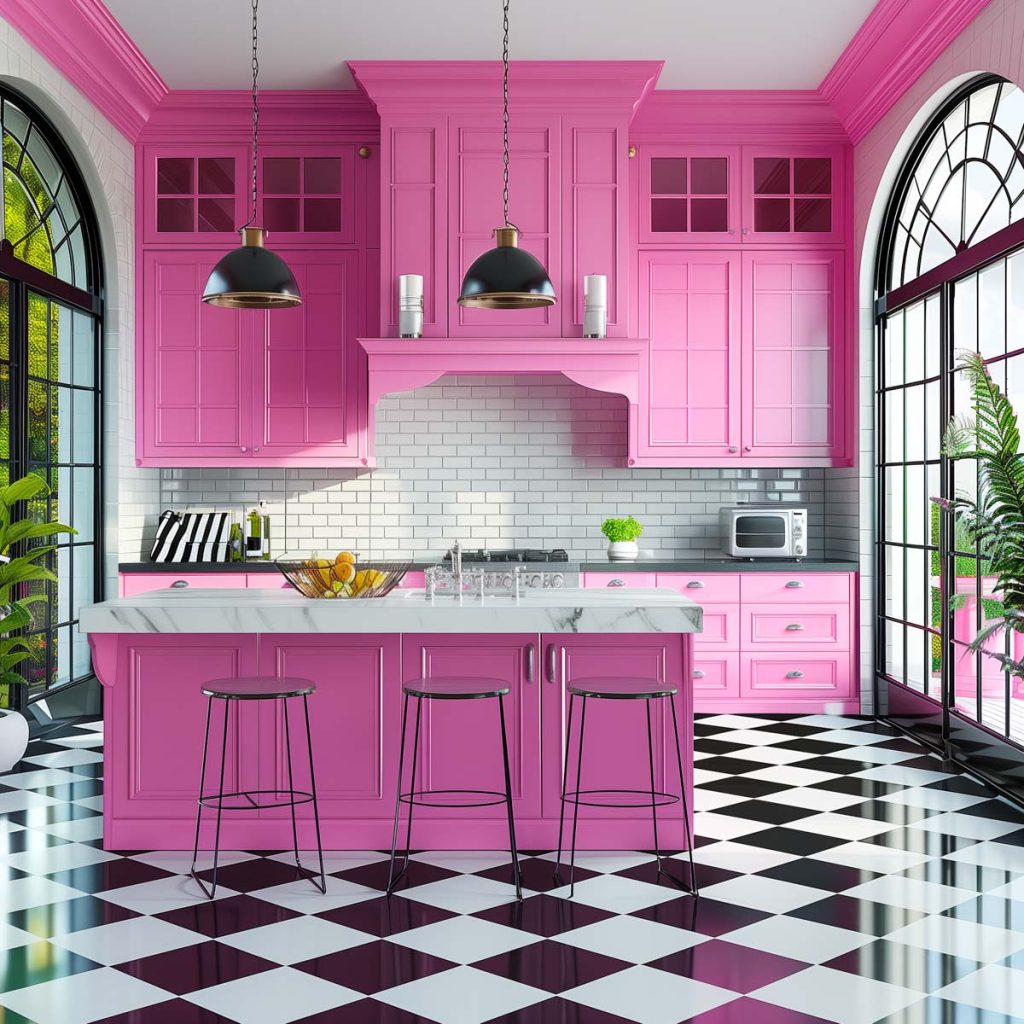 A vibrant bubblegum pink kitchen with white countertops and appliances, accented by chrome hardware. The design features a black-and-white checkered floor, creating a lively and inviting atmosphere.