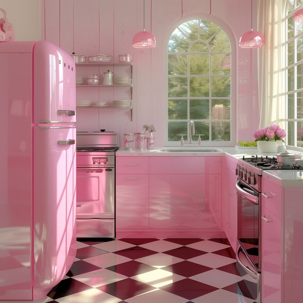 A vibrant bubblegum pink kitchen with white countertops and appliances, accented by chrome hardware. The design features a black-and-white checkered floor, creating a lively and inviting atmosphere.