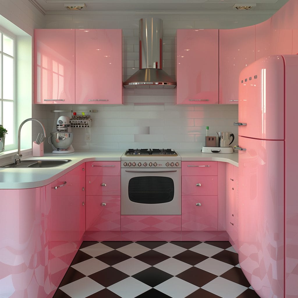 A vibrant bubblegum pink kitchen with white countertops and appliances, accented by chrome hardware. The design features a black-and-white checkered floor, creating a lively and inviting atmosphere.