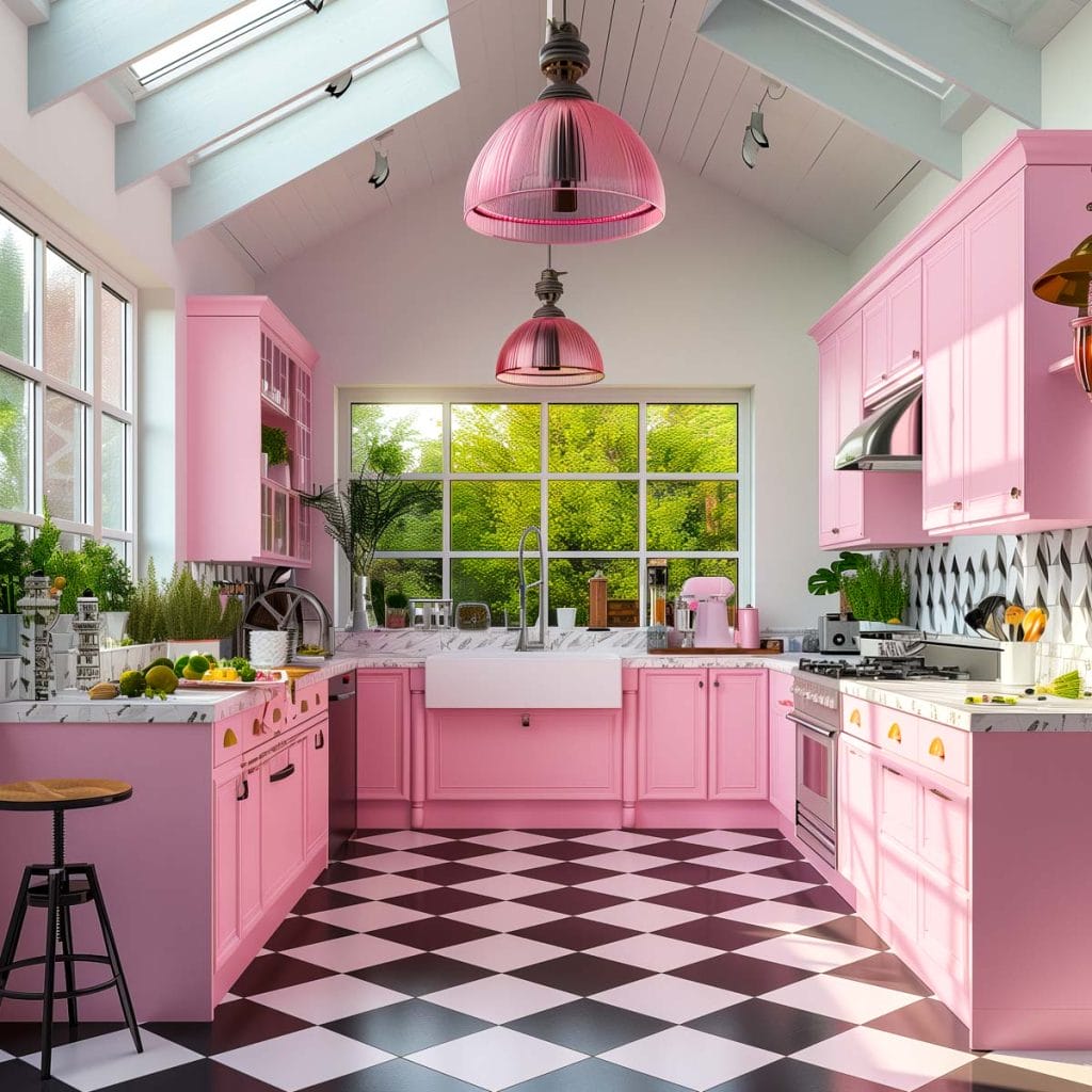 A vibrant bubblegum pink kitchen with white countertops and appliances, accented by chrome hardware. The design features a black-and-white checkered floor, creating a lively and inviting atmosphere.