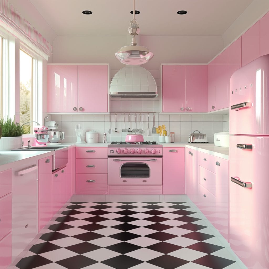 A vibrant bubblegum pink kitchen with white countertops and appliances, accented by chrome hardware. The design features a black-and-white checkered floor, creating a lively and inviting atmosphere.