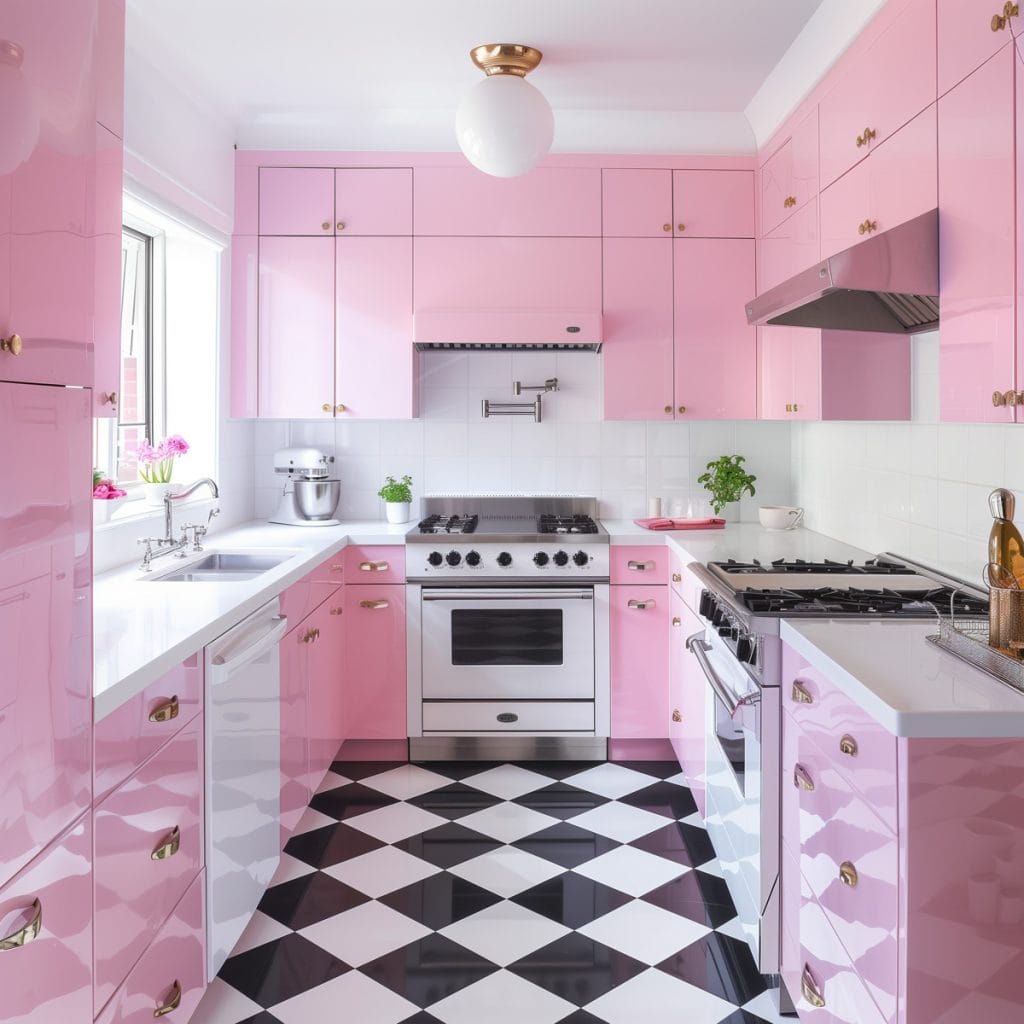 A vibrant bubblegum pink kitchen with white countertops and appliances, accented by chrome hardware. The design features a black-and-white checkered floor, creating a lively and inviting atmosphere.