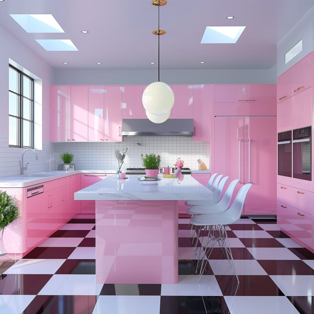 A vibrant bubblegum pink kitchen with white countertops and appliances, accented by chrome hardware. The design features a black-and-white checkered floor, creating a lively and inviting atmosphere.