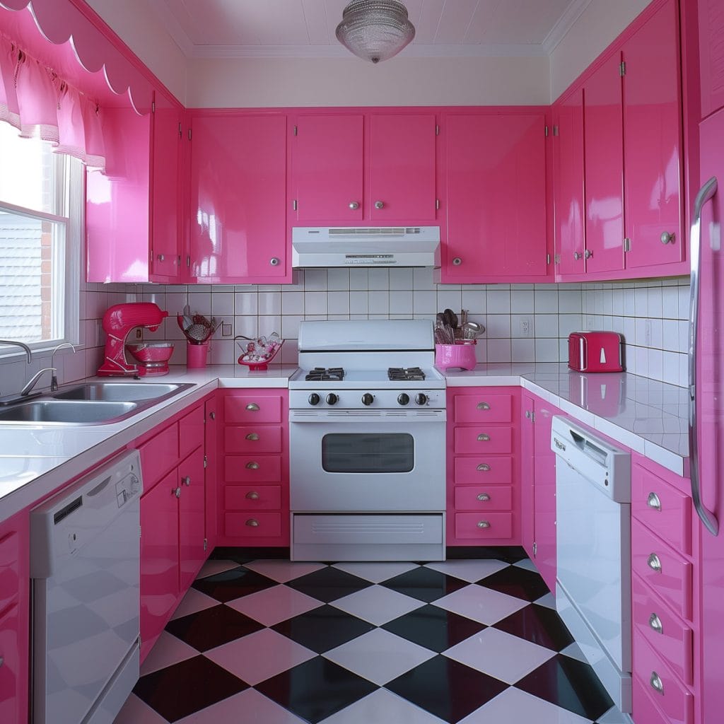 A vibrant bubblegum pink kitchen with white countertops and appliances, accented by chrome hardware. The design features a black-and-white checkered floor, creating a lively and inviting atmosphere.