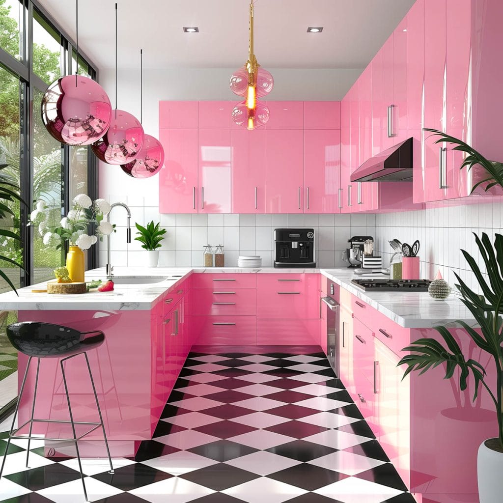 A vibrant bubblegum pink kitchen with white countertops and appliances, accented by chrome hardware. The design features a black-and-white checkered floor, creating a lively and inviting atmosphere.