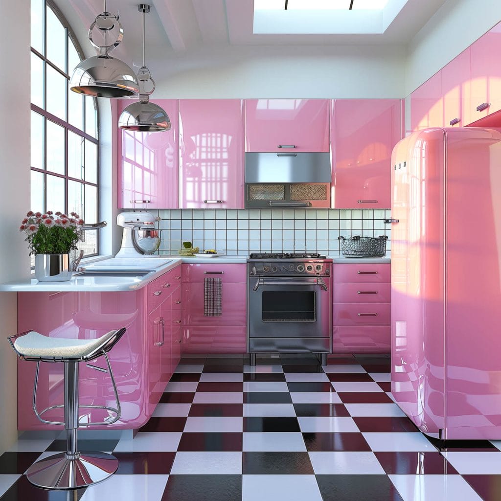 A vibrant bubblegum pink kitchen with white countertops and appliances, accented by chrome hardware. The design features a black-and-white checkered floor, creating a lively and inviting atmosphere.