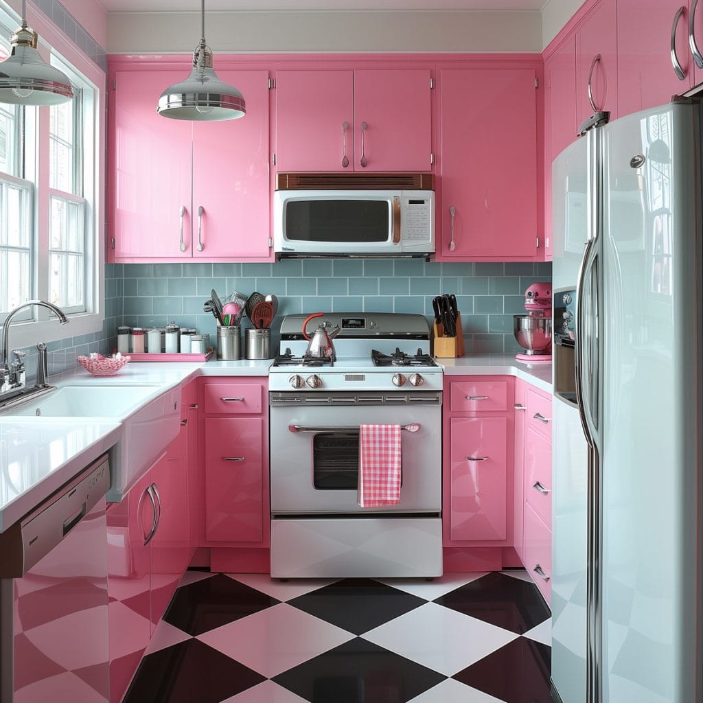 A vibrant bubblegum pink kitchen with white countertops and appliances, accented by chrome hardware. The design features a black-and-white checkered floor, creating a lively and inviting atmosphere.