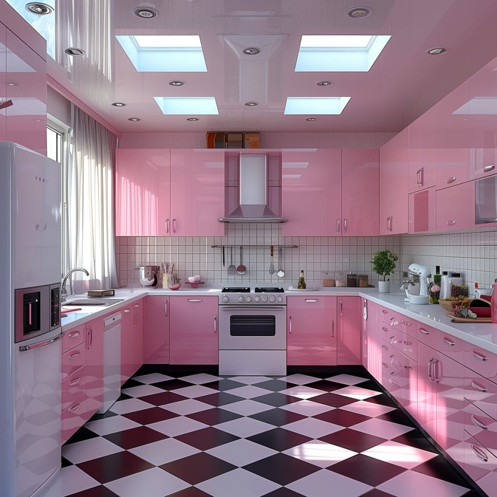 A vibrant bubblegum pink kitchen with white countertops and appliances, accented by chrome hardware. The design features a black-and-white checkered floor, creating a lively and inviting atmosphere.