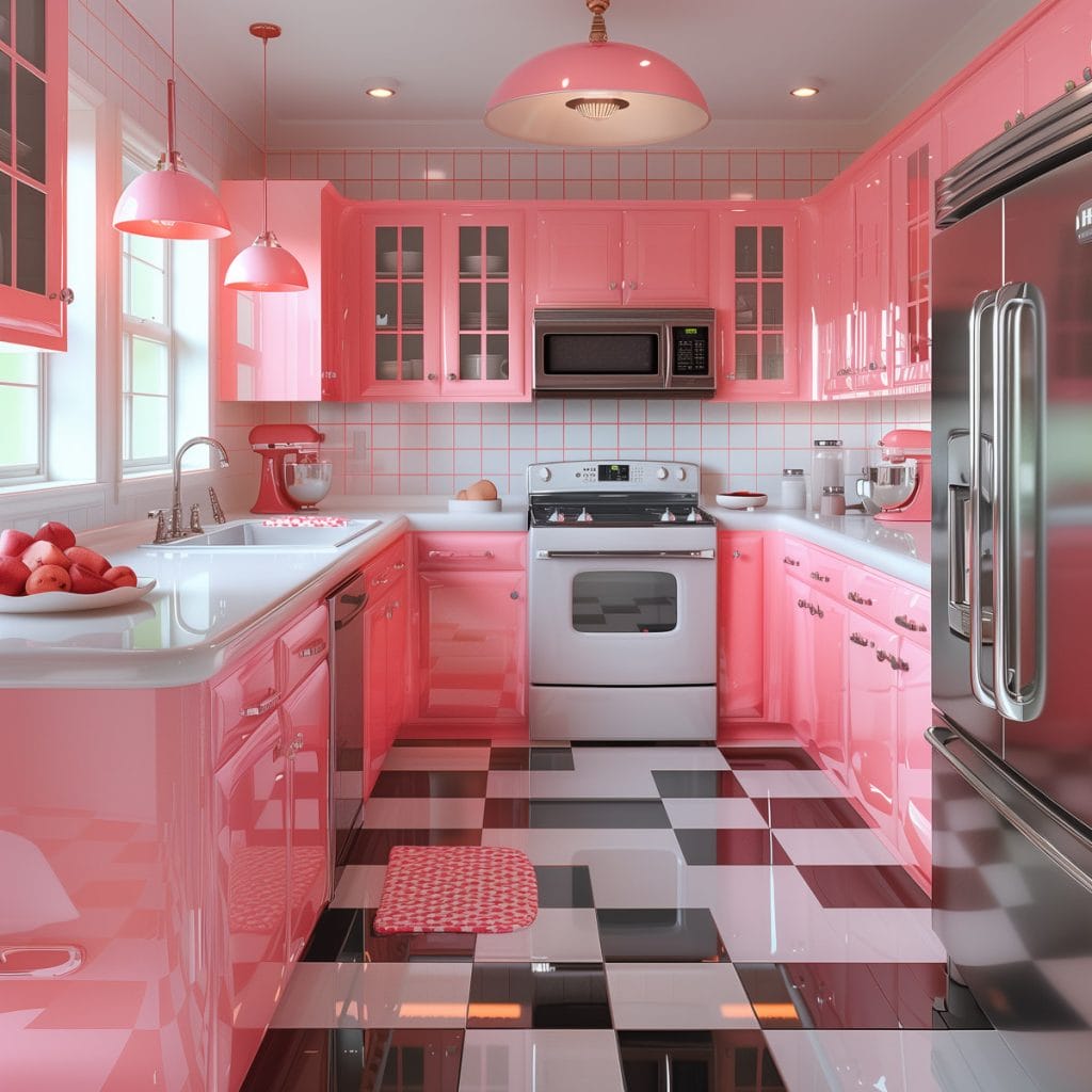 A vibrant bubblegum pink kitchen with white countertops and appliances, accented by chrome hardware. The design features a black-and-white checkered floor, creating a lively and inviting atmosphere.