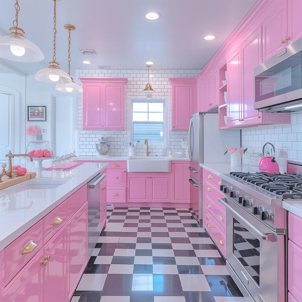 A vibrant bubblegum pink kitchen with white countertops and appliances, accented by chrome hardware. The design features a black-and-white checkered floor, creating a lively and inviting atmosphere.