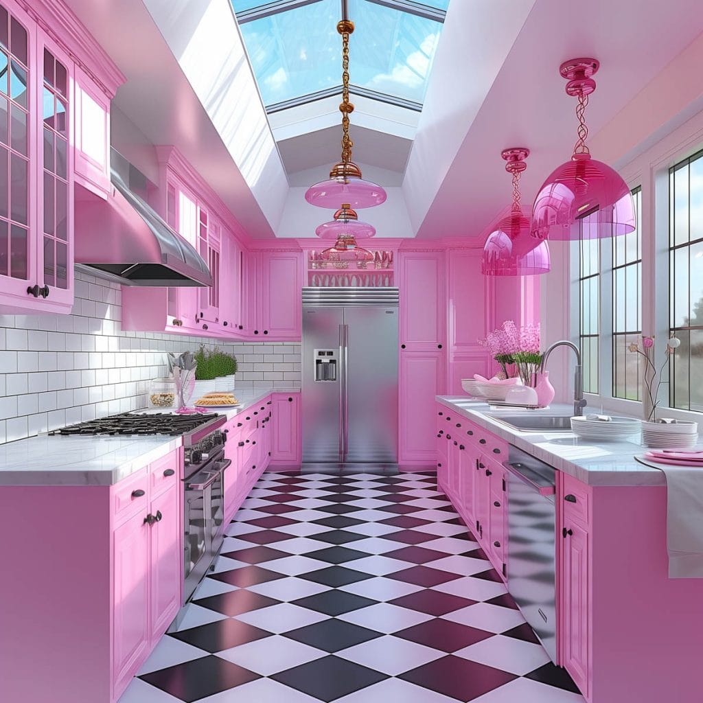 A vibrant bubblegum pink kitchen with white countertops and appliances, accented by chrome hardware. The design features a black-and-white checkered floor, creating a lively and inviting atmosphere.