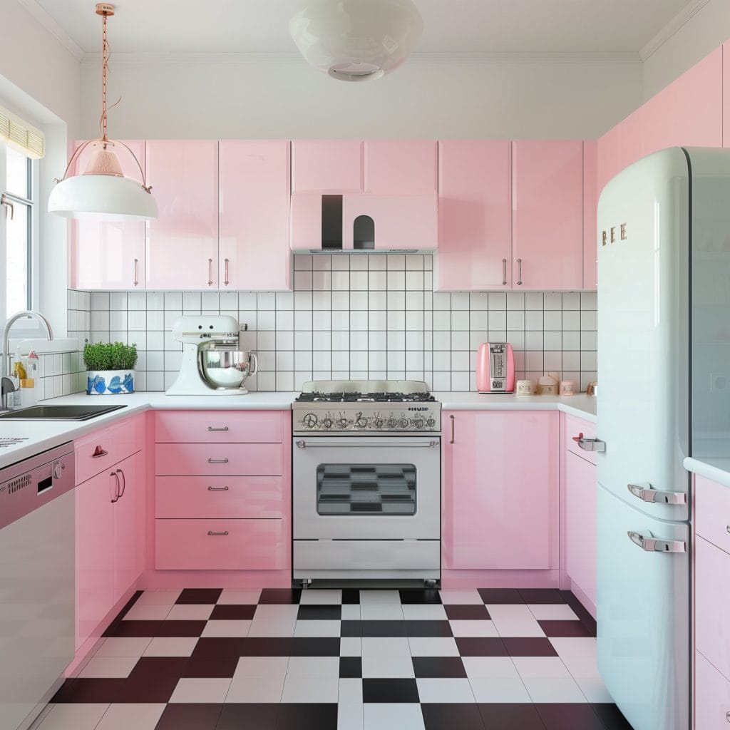 A vibrant bubblegum pink kitchen with white countertops and appliances, accented by chrome hardware. The design features a black-and-white checkered floor, creating a lively and inviting atmosphere.