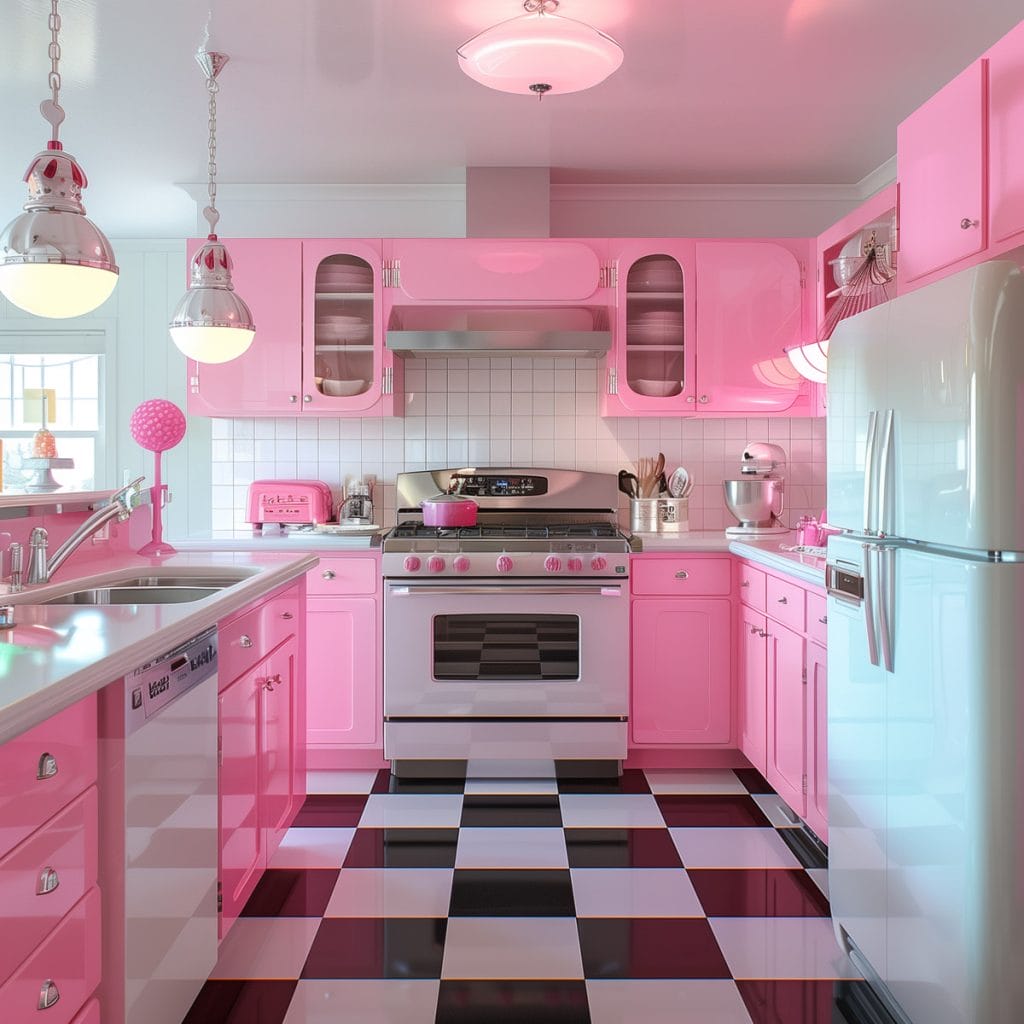 A vibrant bubblegum pink kitchen with white countertops and appliances, accented by chrome hardware. The design features a black-and-white checkered floor, creating a lively and inviting atmosphere.