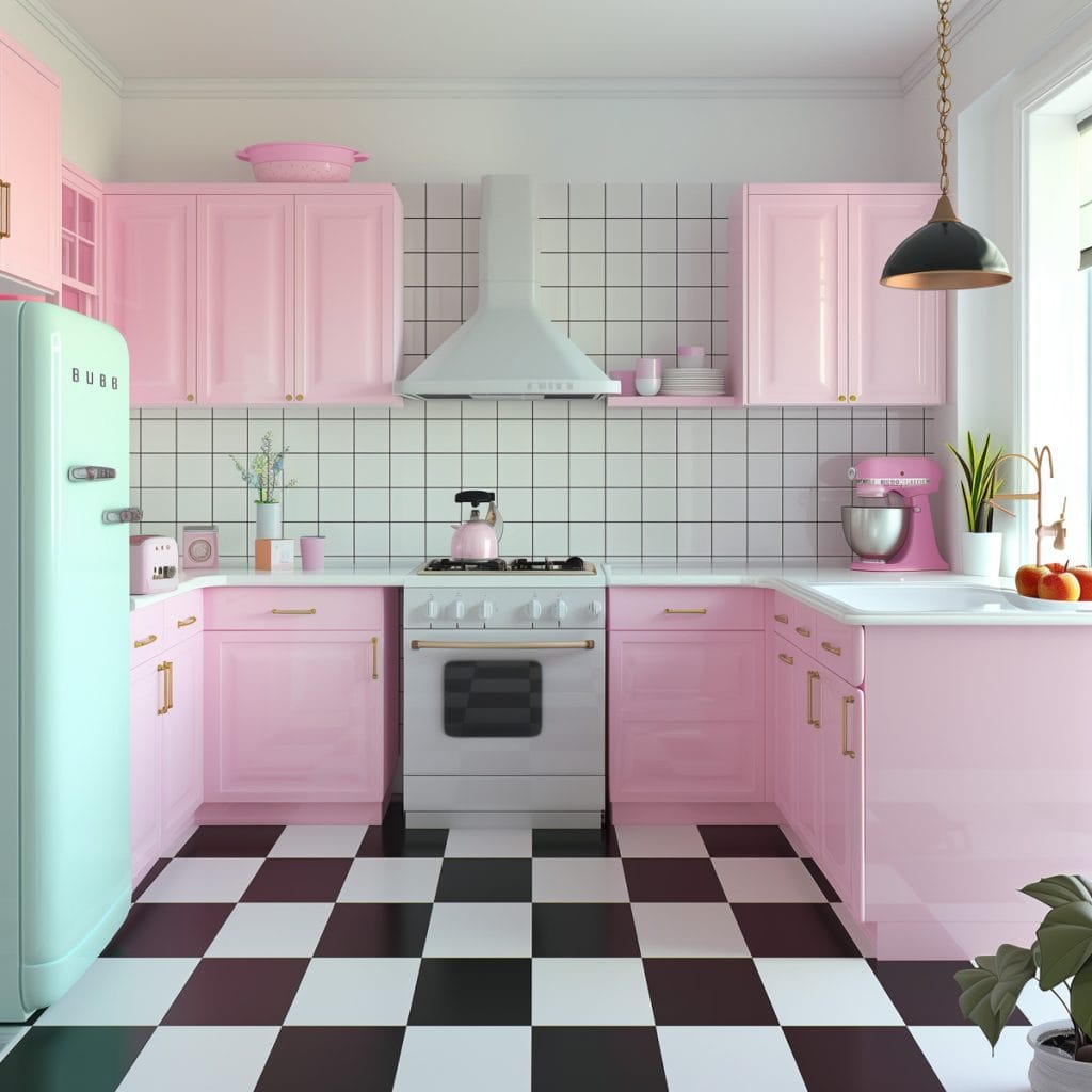 A vibrant bubblegum pink kitchen with white countertops and appliances, accented by chrome hardware. The design features a black-and-white checkered floor, creating a lively and inviting atmosphere.