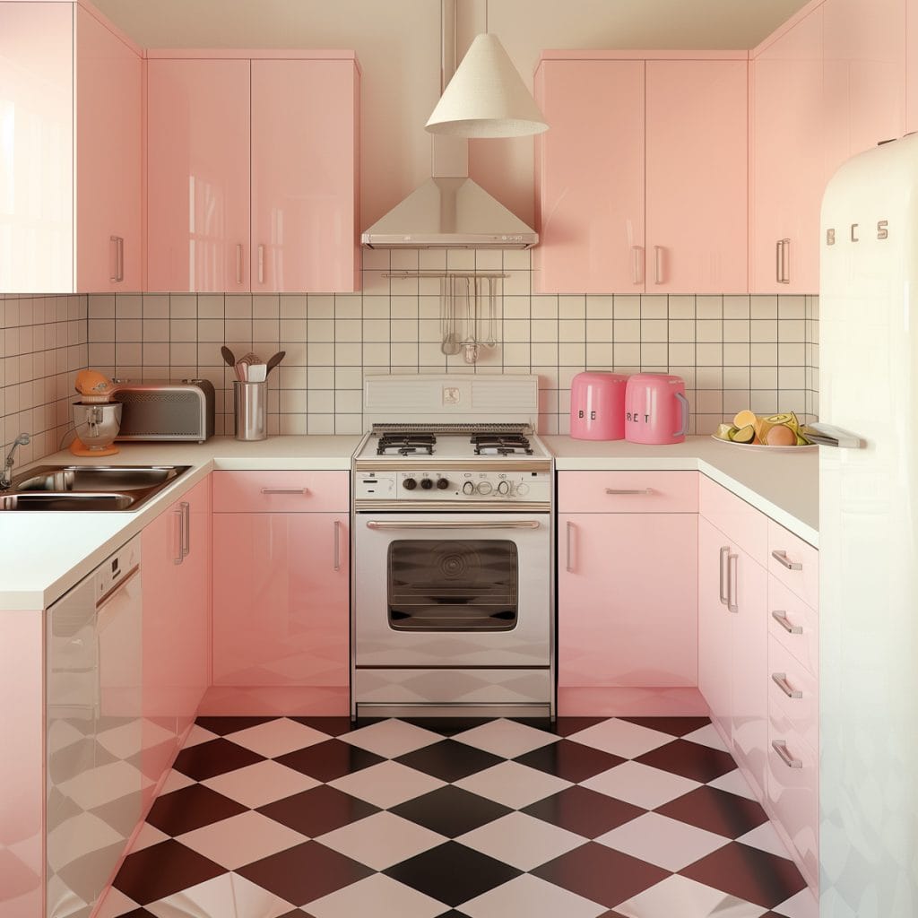 A vibrant bubblegum pink kitchen with white countertops and appliances, accented by chrome hardware. The design features a black-and-white checkered floor, creating a lively and inviting atmosphere.