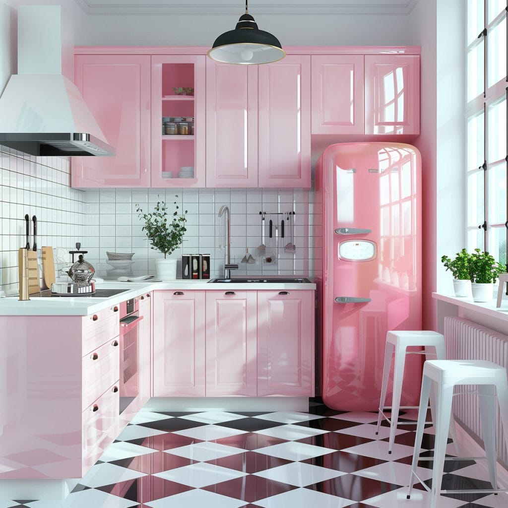 A vibrant bubblegum pink kitchen with white countertops and appliances, accented by chrome hardware. The design features a black-and-white checkered floor, creating a lively and inviting atmosphere.