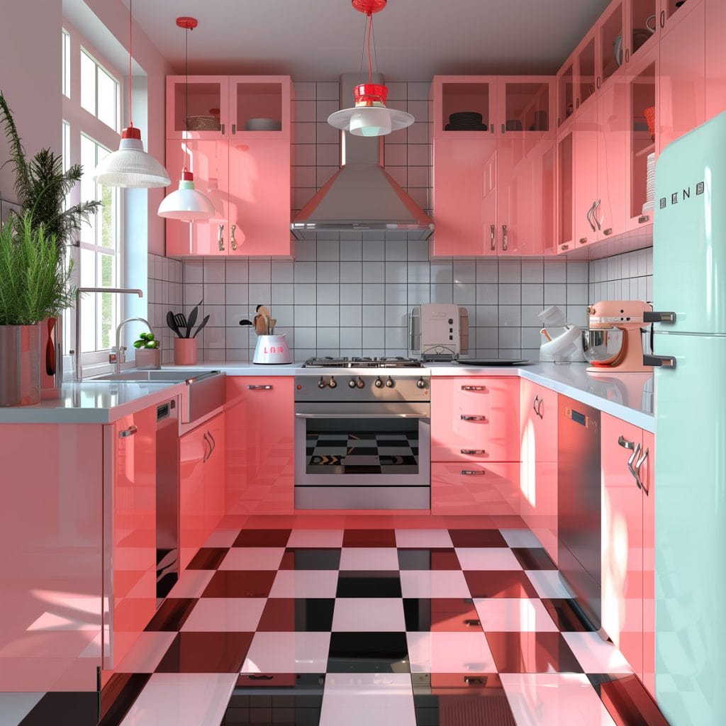 A vibrant bubblegum pink kitchen with white countertops and appliances, accented by chrome hardware. The design features a black-and-white checkered floor, creating a lively and inviting atmosphere.