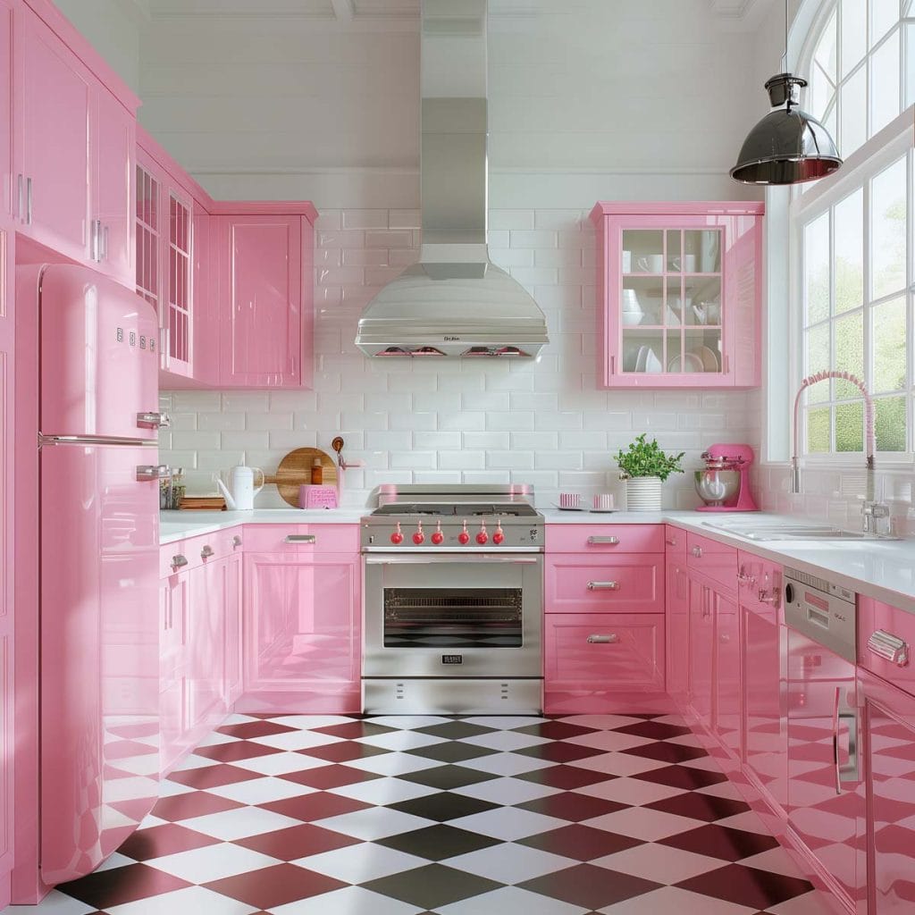 A vibrant bubblegum pink kitchen with white countertops and appliances, accented by chrome hardware. The design features a black-and-white checkered floor, creating a lively and inviting atmosphere.