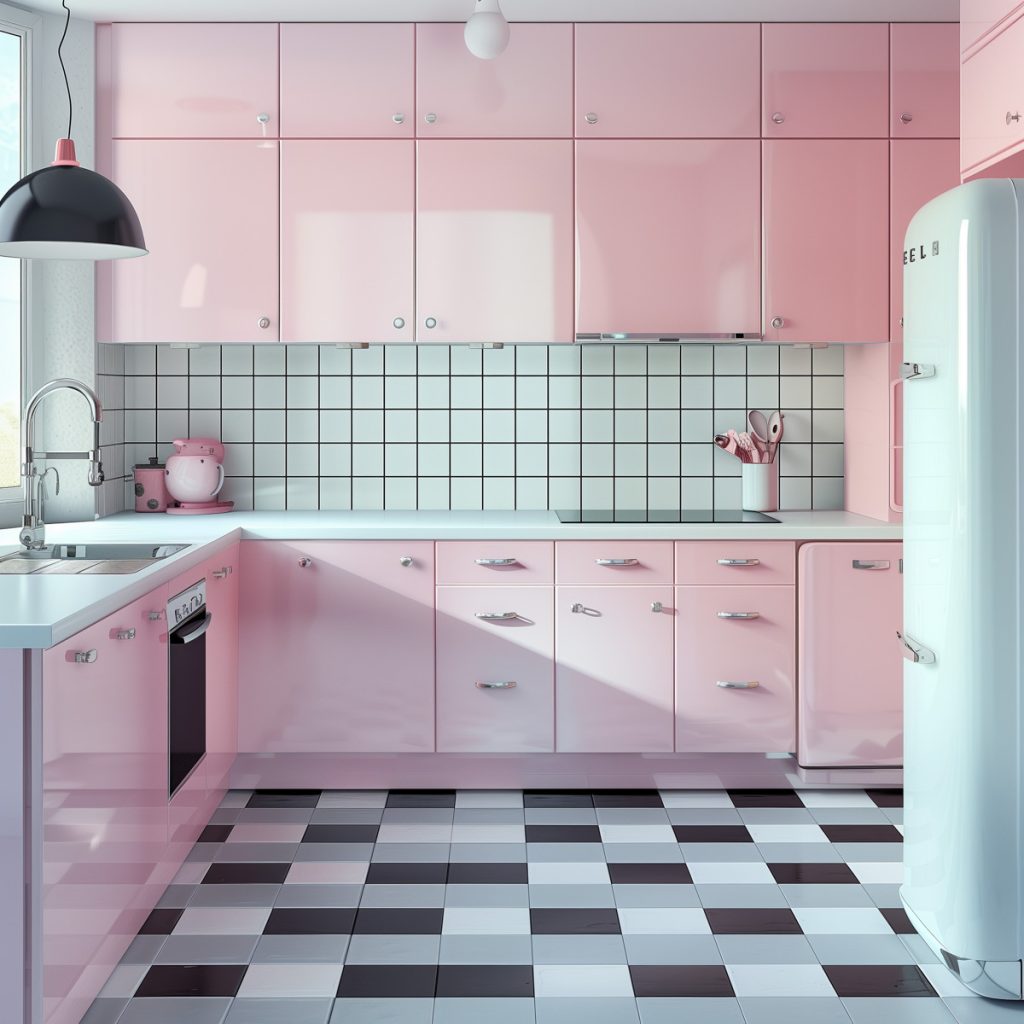 A vibrant bubblegum pink kitchen with white countertops and appliances, accented by chrome hardware. The design features a black-and-white checkered floor, creating a lively and inviting atmosphere.