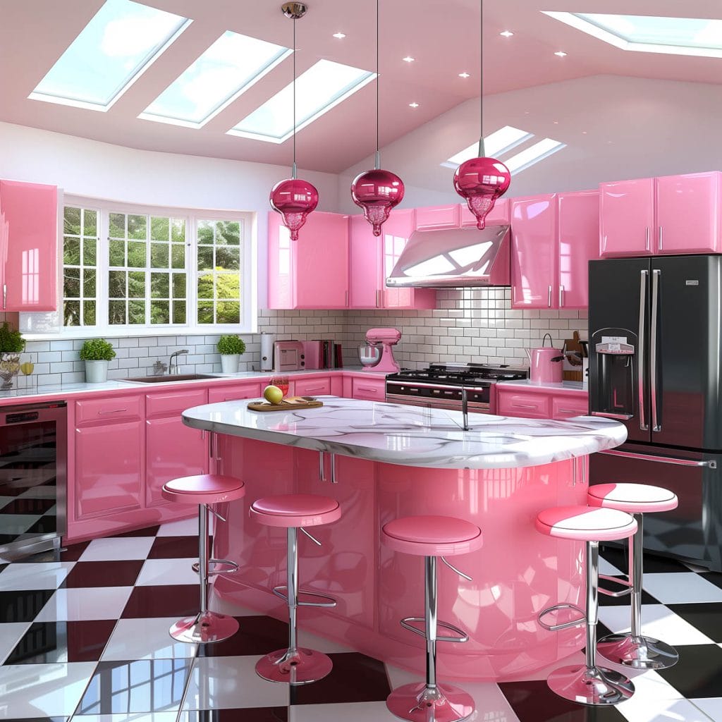 A vibrant bubblegum pink kitchen with white countertops and appliances, accented by chrome hardware. The design features a black-and-white checkered floor, creating a lively and inviting atmosphere.