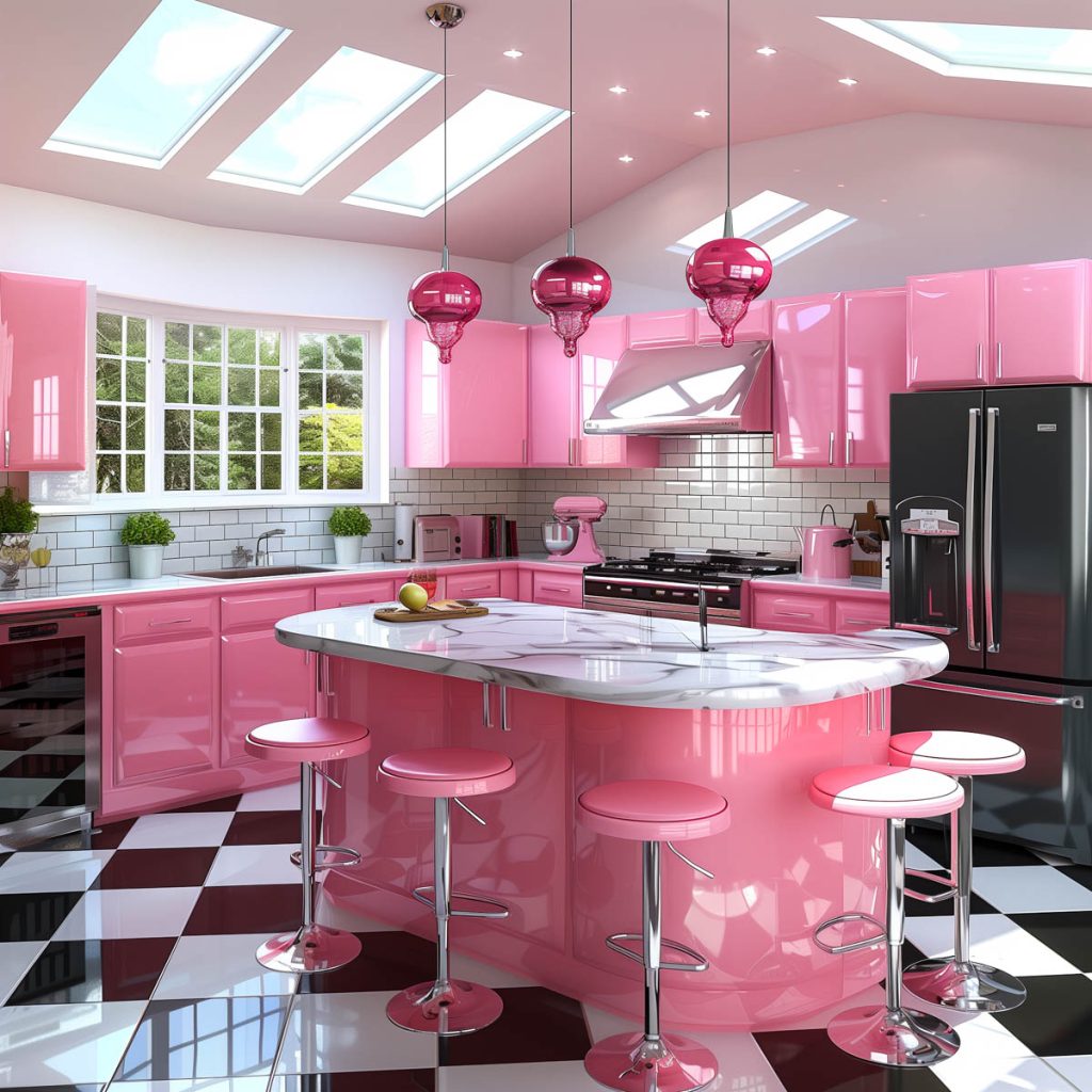 A vibrant bubblegum pink kitchen with white countertops and appliances, accented by chrome hardware. The design features a black-and-white checkered floor, creating a lively and inviting atmosphere.