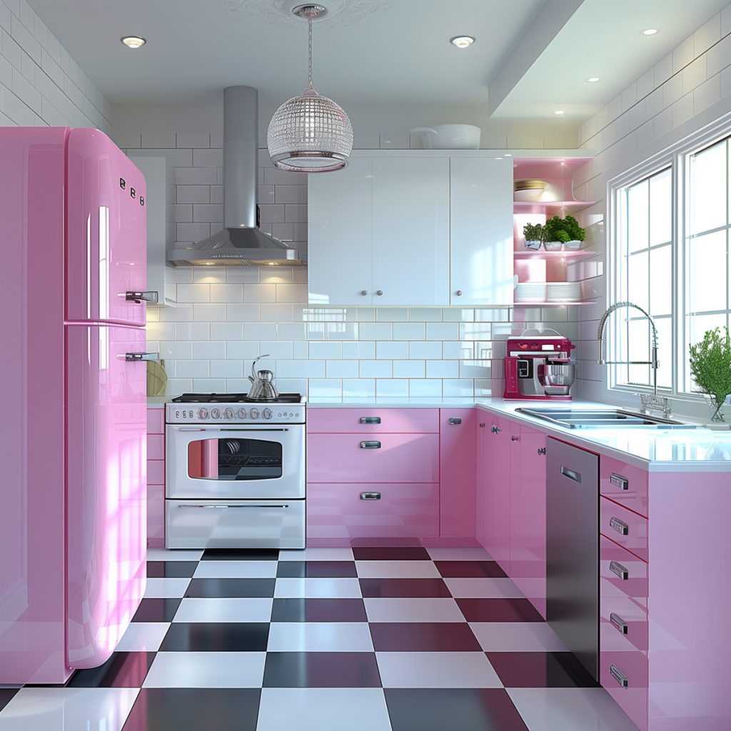 A vibrant bubblegum pink kitchen with white countertops and appliances, accented by chrome hardware. The design features a black-and-white checkered floor, creating a lively and inviting atmosphere.