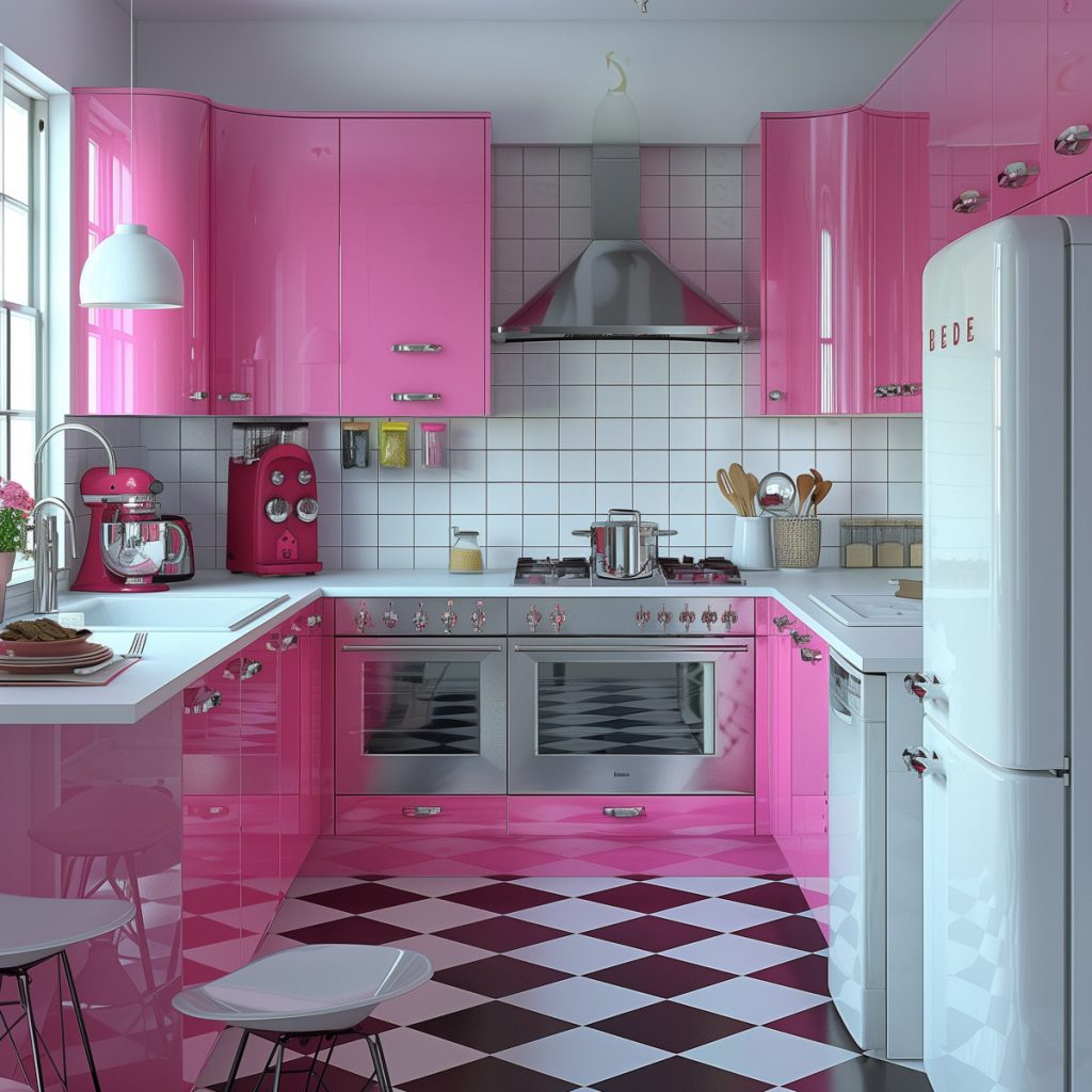 A vibrant bubblegum pink kitchen with white countertops and appliances, accented by chrome hardware. The design features a black-and-white checkered floor, creating a lively and inviting atmosphere.