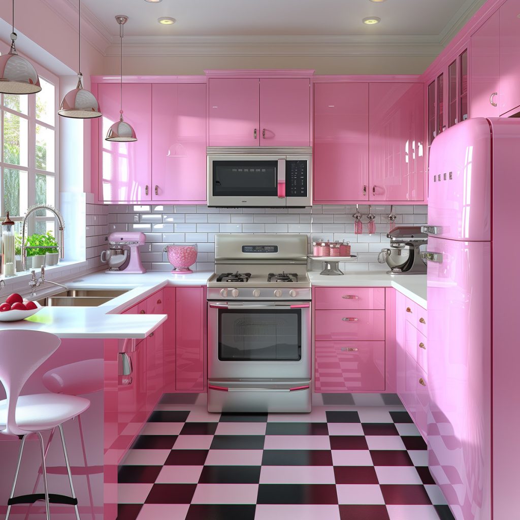 A vibrant bubblegum pink kitchen with white countertops and appliances, accented by chrome hardware. The design features a black-and-white checkered floor, creating a lively and inviting atmosphere.