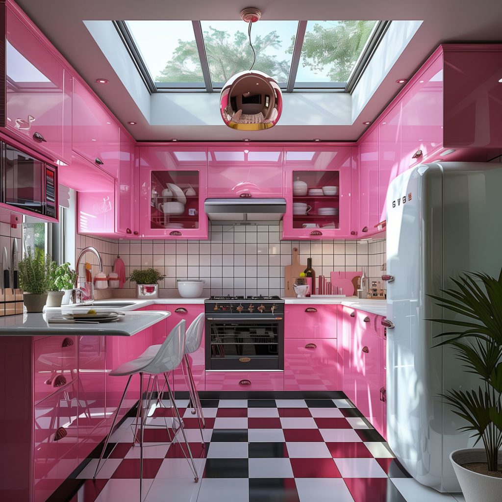 A vibrant bubblegum pink kitchen with white countertops and appliances, accented by chrome hardware. The design features a black-and-white checkered floor, creating a lively and inviting atmosphere.