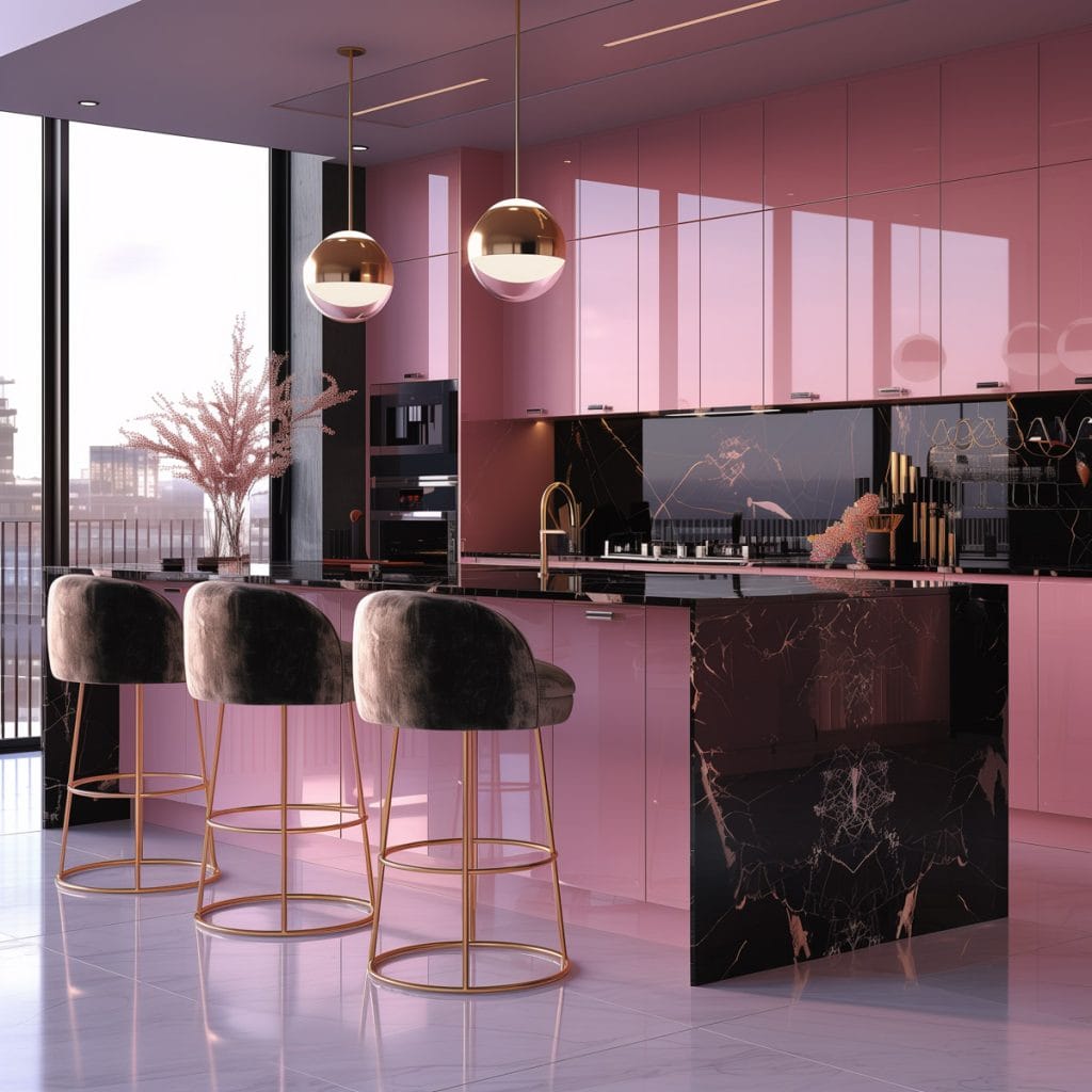 A luxurious retro luxe kitchen with high-gloss pink cabinetry, black marble countertops, and polished brass fixtures. The design includes statement pendant lighting and velvet bar stools.