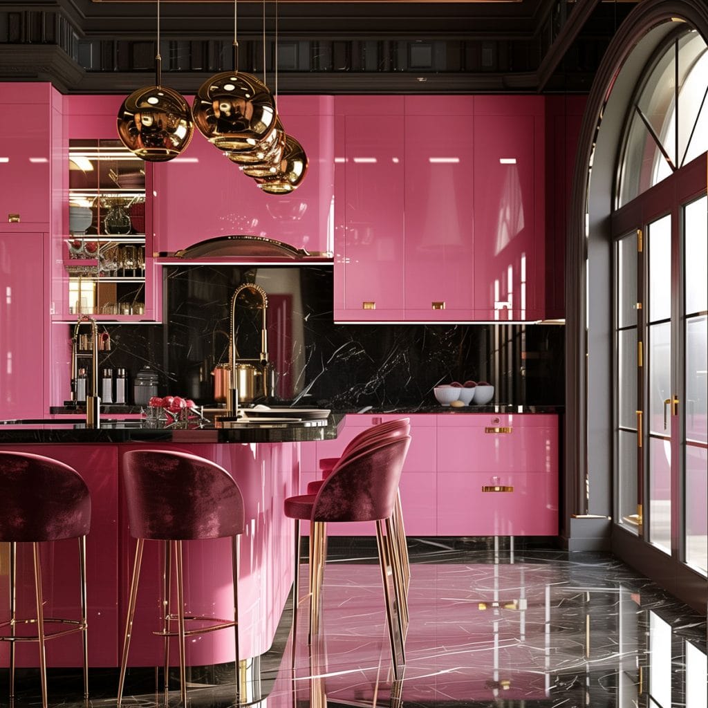 A luxurious retro luxe kitchen with high-gloss pink cabinetry, black marble countertops, and polished brass fixtures. The design includes statement pendant lighting and velvet bar stools.