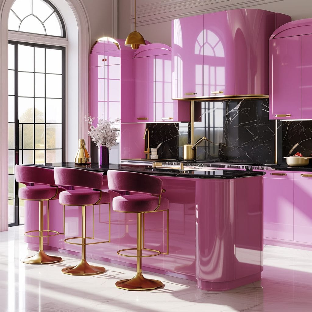 A luxurious retro luxe kitchen with high-gloss pink cabinetry, black marble countertops, and polished brass fixtures. The design includes statement pendant lighting and velvet bar stools.