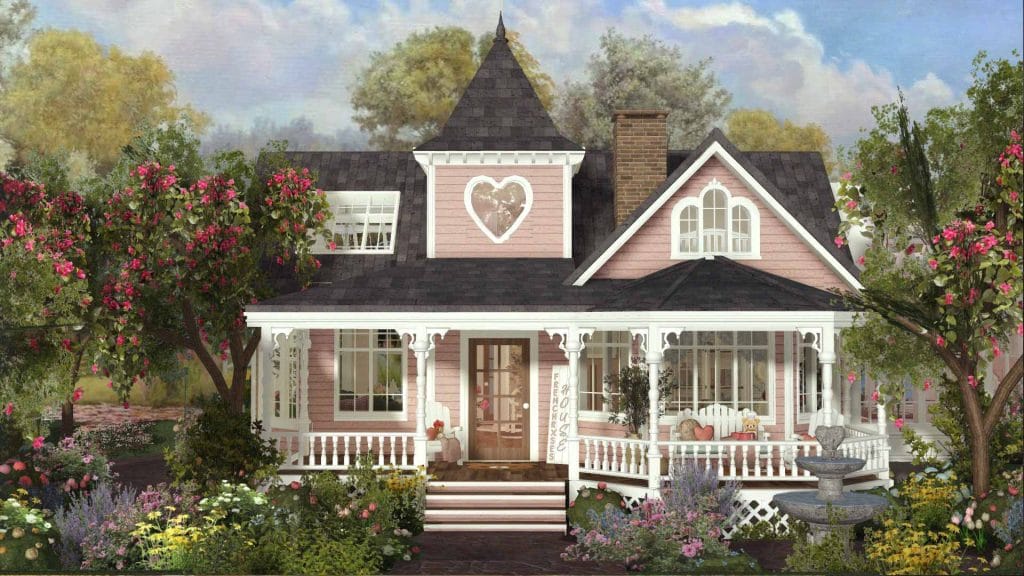 An adorable pink house with a heart-shaped window, white trim, and a welcoming porch, surrounded by blooming gardens and trees.