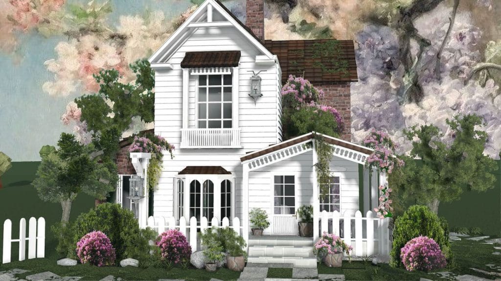 A quaint, white cottage with charming overgrown greenery and pink flowers, set against a picturesque backdrop.