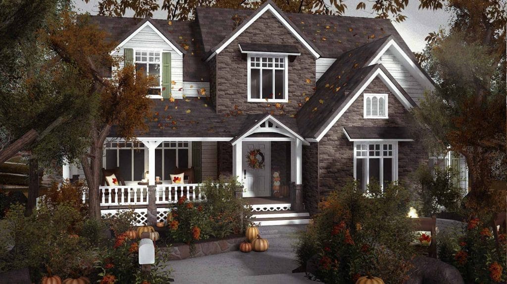 A cozy home with autumn decor, including pumpkins and fall leaves, creating a warm and inviting atmosphere.