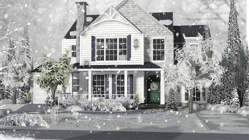 A cozy winter home with snow-covered trees and decorations, creating a festive and warm holiday setting.