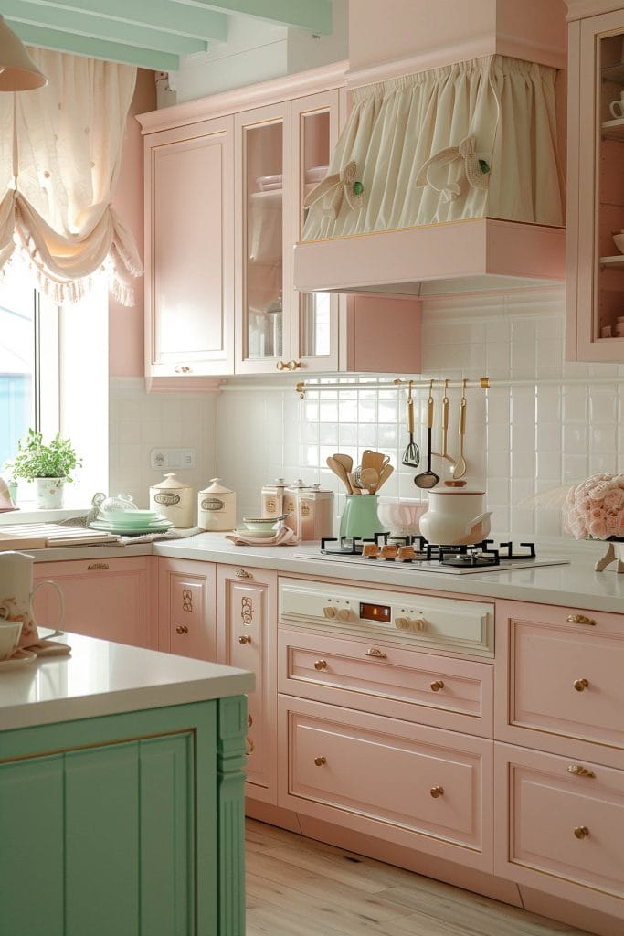 A dreamy pastel pink kitchen with soft pink walls and cabinets, complemented by mint green accents and white ceramic tiles. The design exudes vintage charm and elegance.