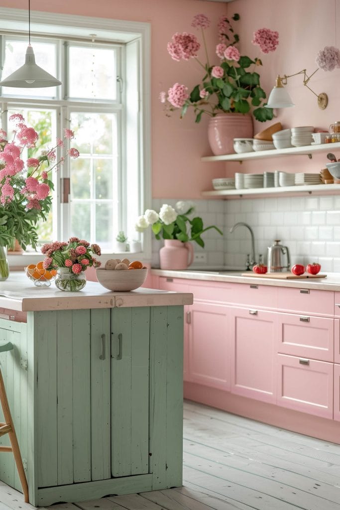 A dreamy pastel pink kitchen with soft pink walls and cabinets, complemented by mint green accents and white ceramic tiles. The design exudes vintage charm and elegance.