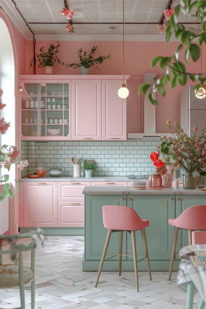 A dreamy pastel pink kitchen with soft pink walls and cabinets, complemented by mint green accents and ceramic tiles. The design exudes vintage charm and elegance.