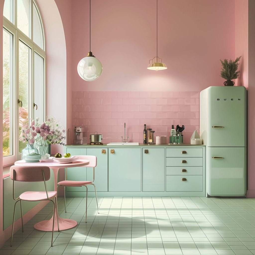 A dreamy pastel pink kitchen with soft pink walls and ceramic tiles complemented by mint green accents and cabinets. The design exudes vintage charm and elegance.