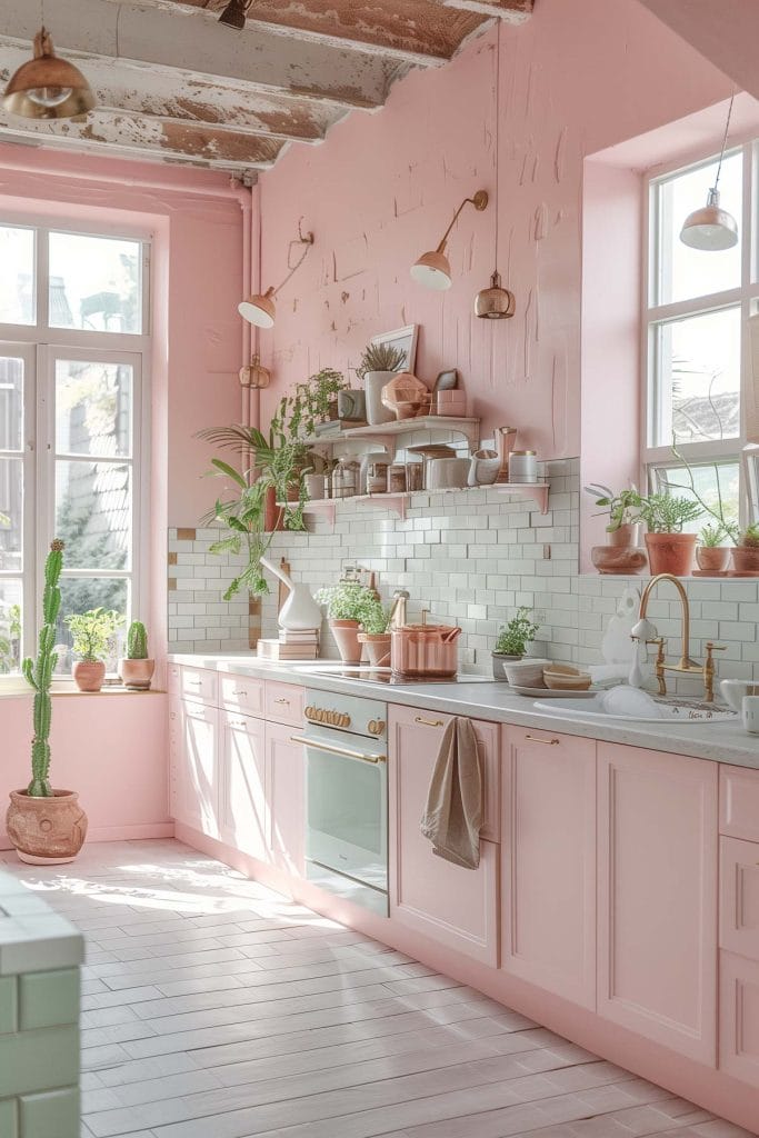 A dreamy pastel pink kitchen with soft pink walls and cabinets, white ceramic tiles. The design exudes vintage charm and elegance.