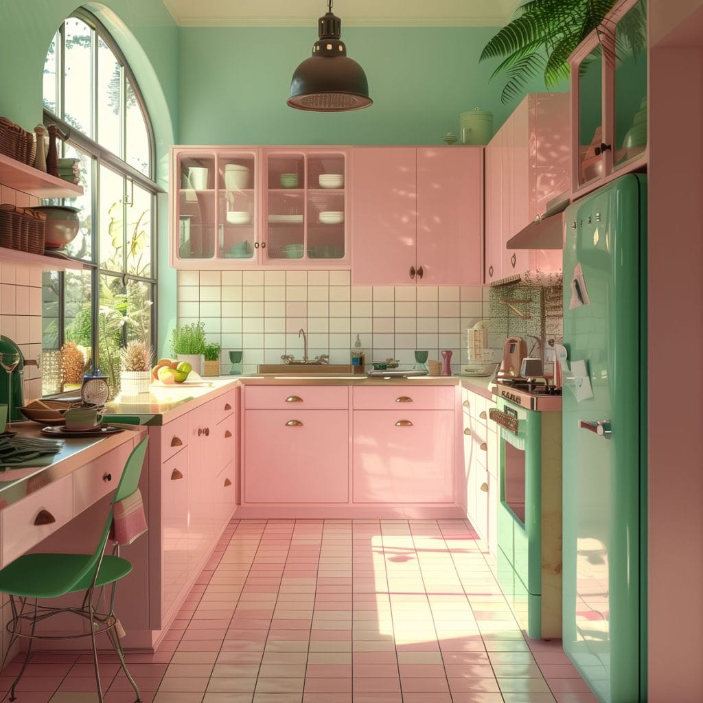 A dreamy pastel pink kitchen soft pink cabinets, complemented by mint green accents, walls and white ceramic tiles. The design exudes vintage charm and elegance.