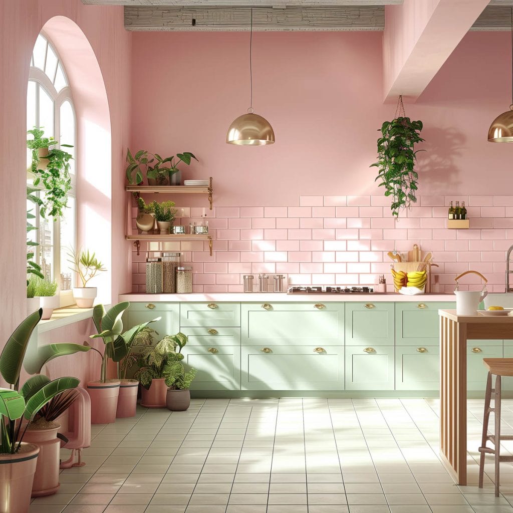 A dreamy pastel pink kitchen with soft pink walls and mint green cabinets, and soft pink ceramic tiles. The design exudes vintage charm and elegance.