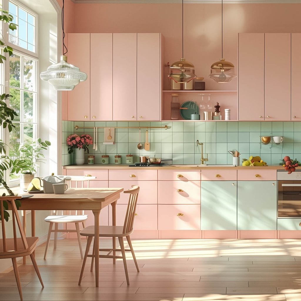 A dreamy pastel pink kitchen with soft pink walls and cabinets, complemented by mint green accents and mint green ceramic tiles. The design exudes vintage charm and elegance.