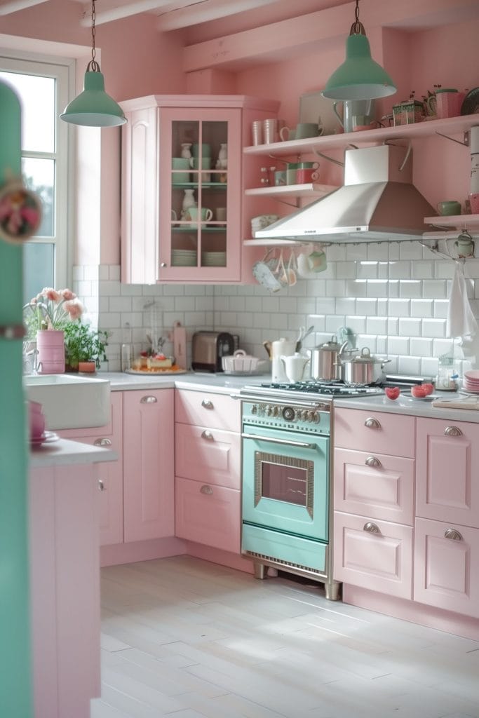 A dreamy pastel pink kitchen with soft pink walls and cabinets, complemented by mint green accents and white ceramic tiles. The design exudes vintage charm and elegance.