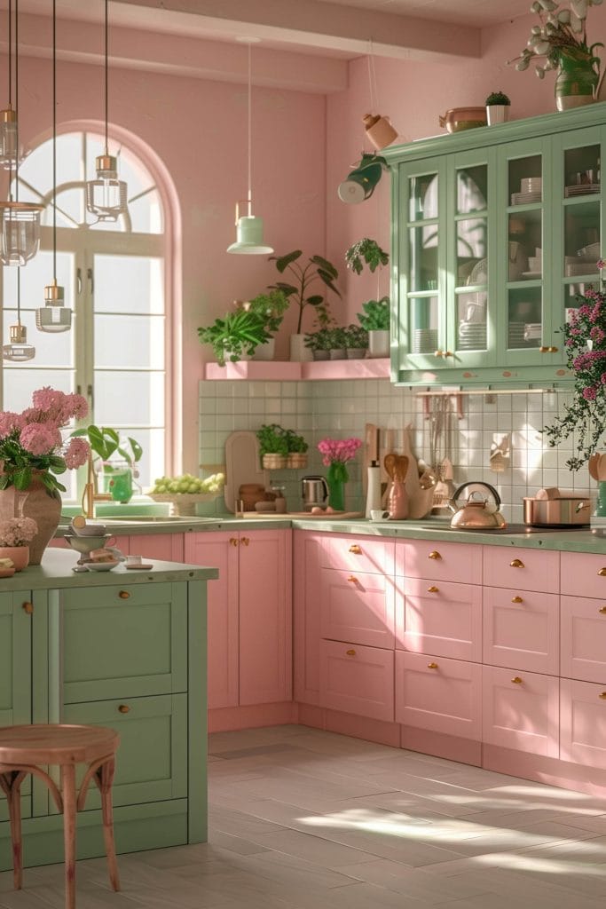 A dreamy pastel pink kitchen with soft pink walls, mint green and soft pink cabinets, complemented by mint green accents and white ceramic tiles. The design exudes vintage charm and elegance.